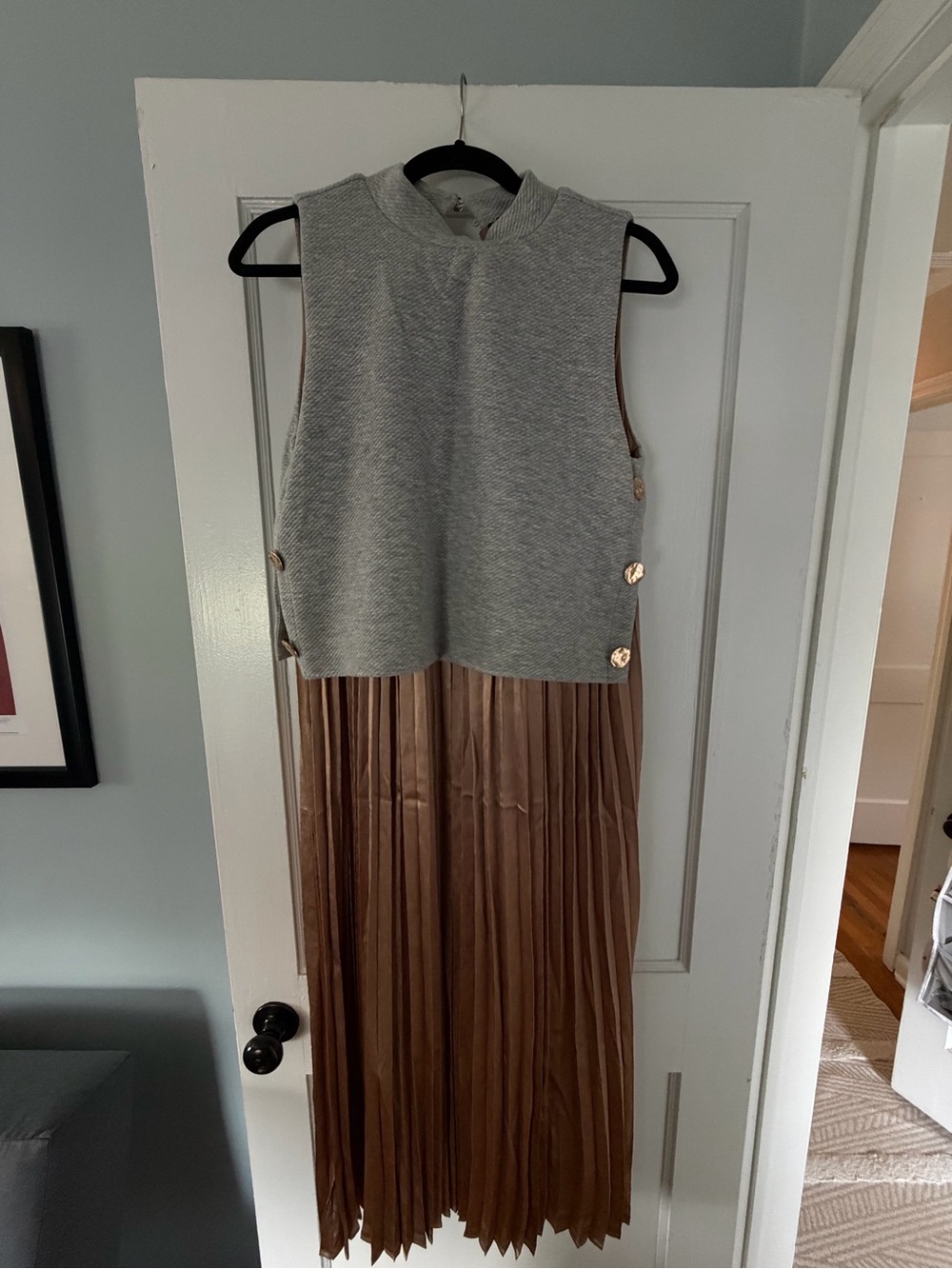 THML Gray Knit Bodice with Brown Pleated Maxi Skirt